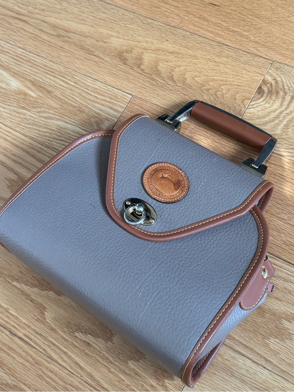 Dooney & Bourke Gray Leather Satchel with Brown Trim and Top Handle